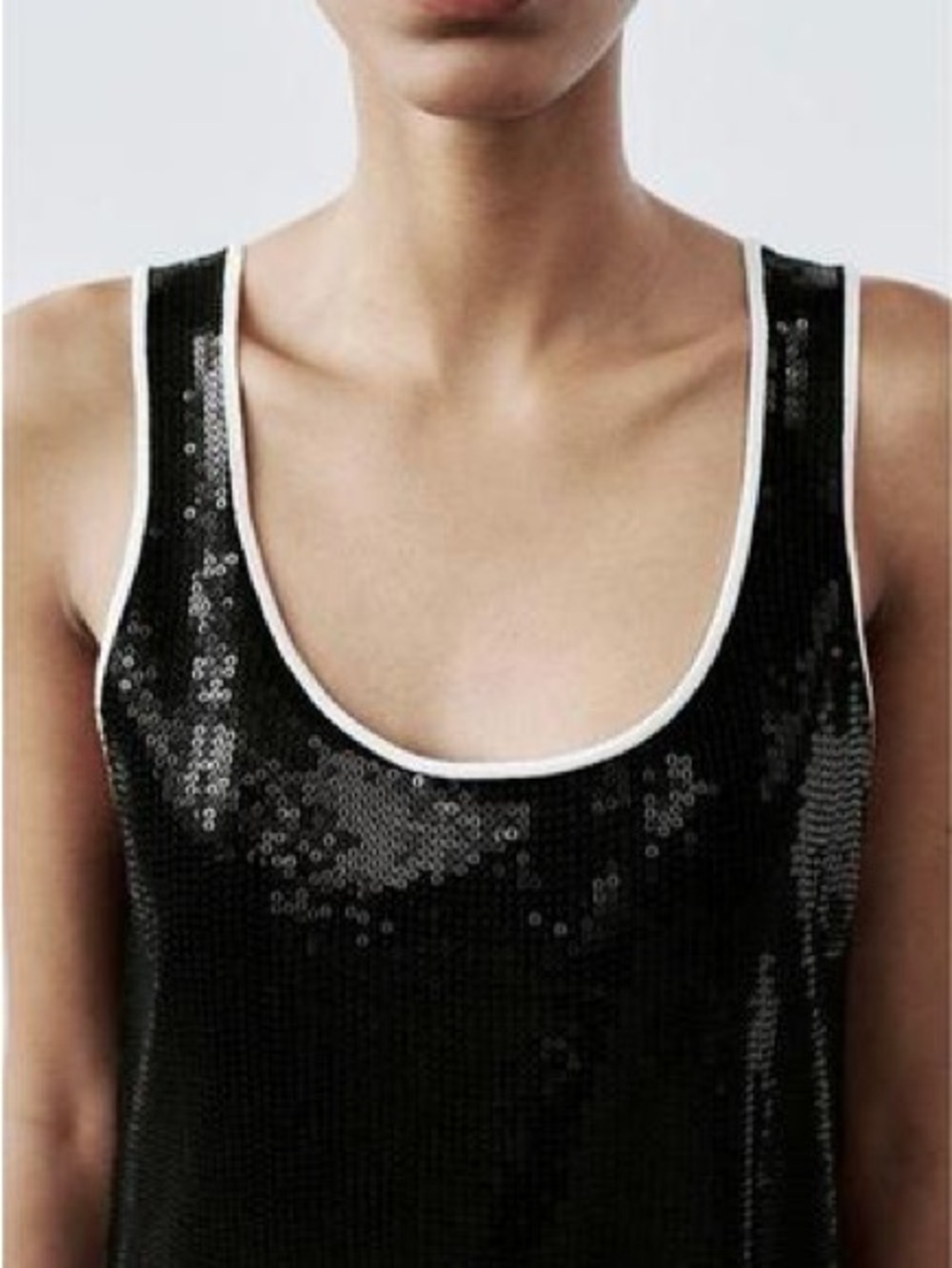 Zara Black Sequin Tank Mini Dress with White Trim - Picture 2 of 11